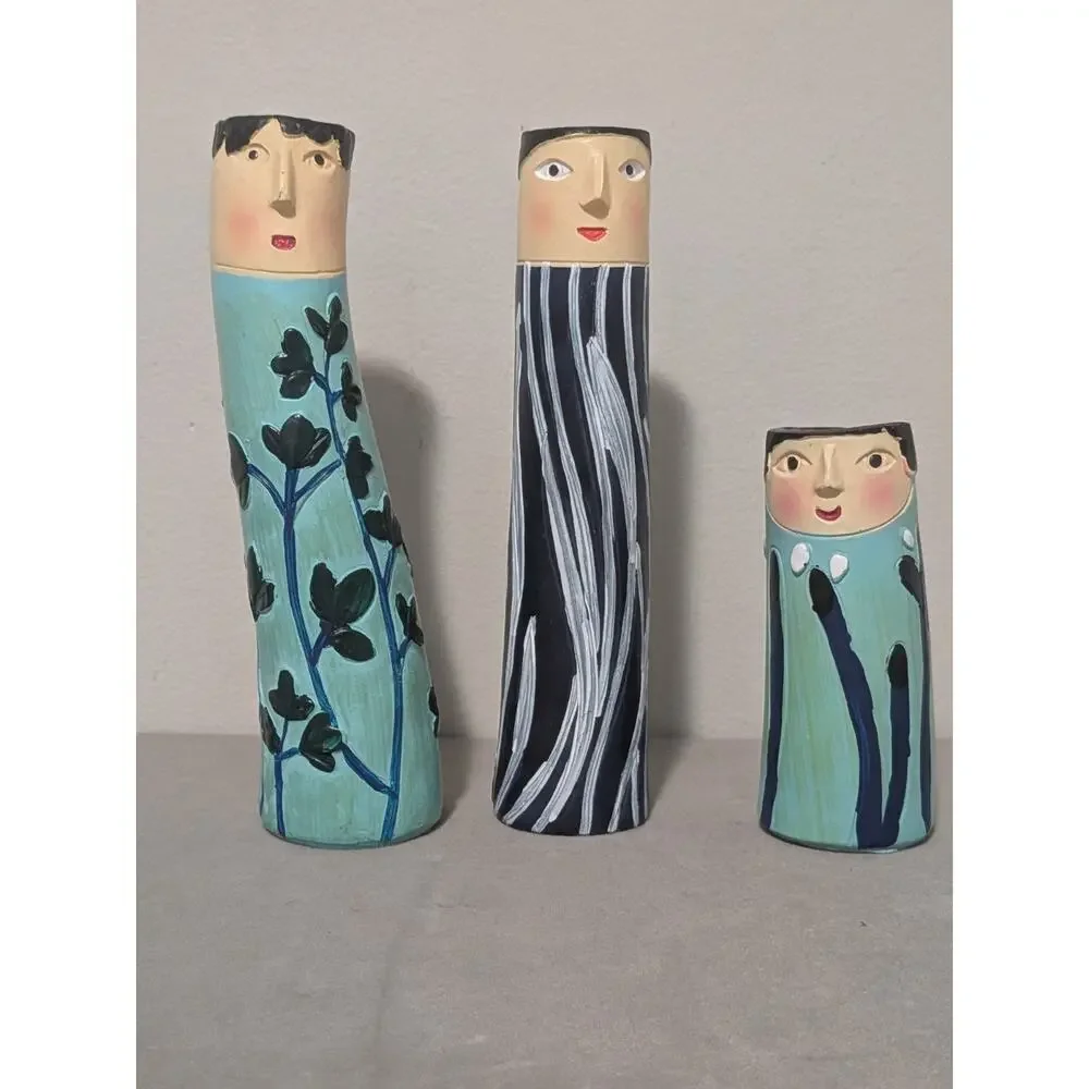 Set of 3 Bohemian Spring Family Resin Face Bud Vases Whimsical Boho Decor